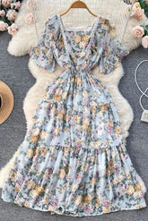 Romantisches Chiffonkleid mit Spitze und Patchwork-Blumendruck und Rüschen, langes Partykleid